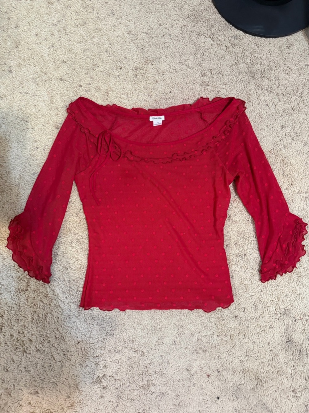 Urban Outfitters Kimchi Blue Rosalyn Polka Dot Mesh 3/4 Sleeve Boatneck Top